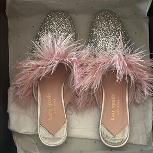 Kate Spade Glitter Silver and Pink Feather Marabou slides